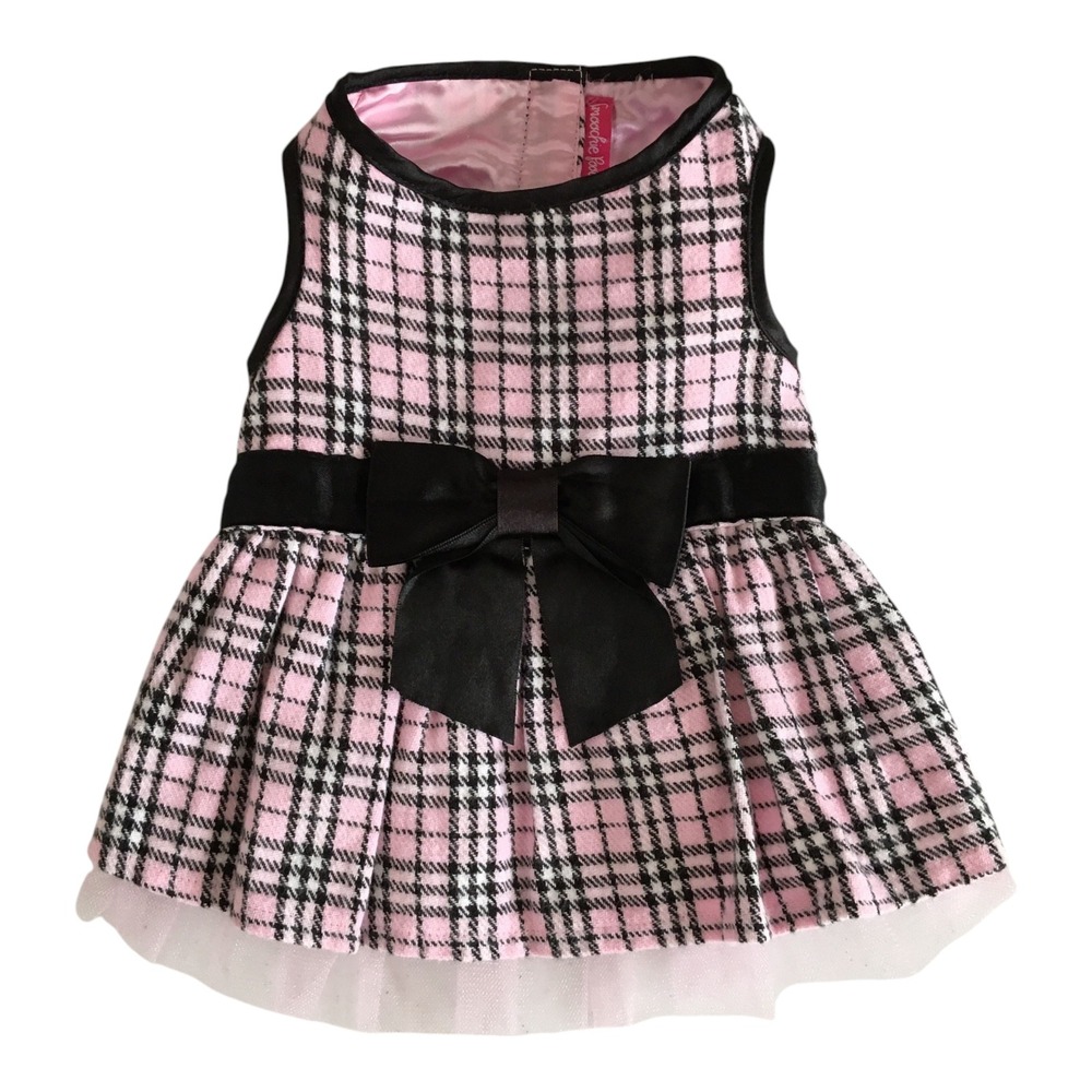Smoochie Pooch Dog Dress Size S Pink Plaid Bow Preppy Holiday Pet Clothing